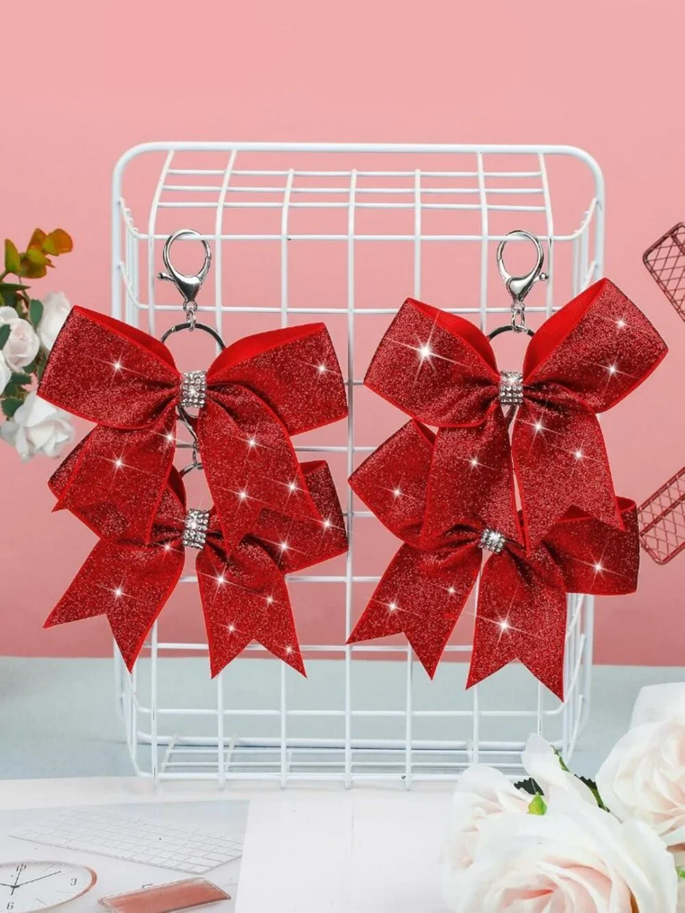 Cheer Bow Keychain with Rhinestones | Cheerleader Keyring for Team Gifts